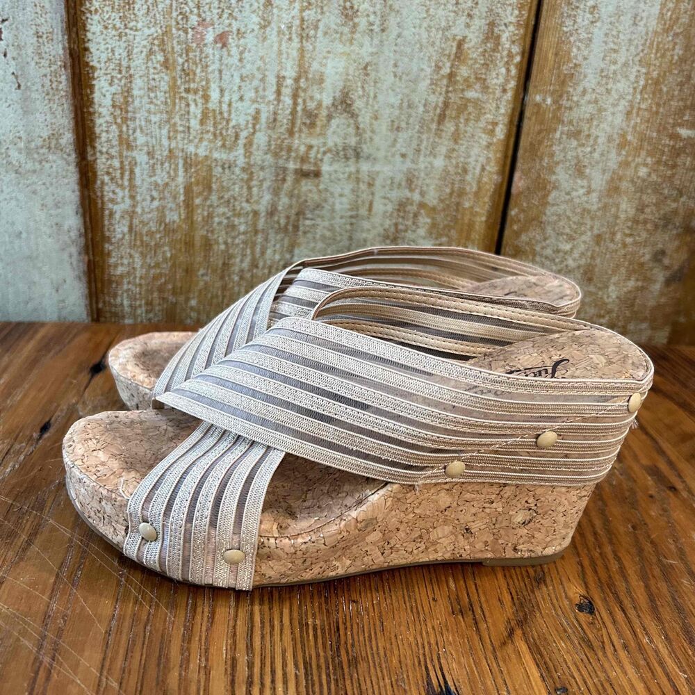 Lucky Brand Womens Platinum Cork Heel Striped Straps Platform Shoes Size 6M